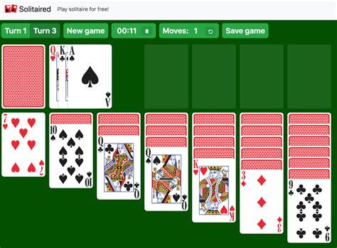 The buttons across the top of the screen allow a player to expand to full screen, restart the game, read game instructions, turn sound on or off, and exit the game. . Klondike solitaire turn 3